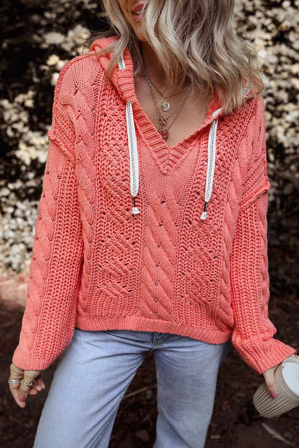 Sariah Cable Knit Drawstring Hooded Sweater-0