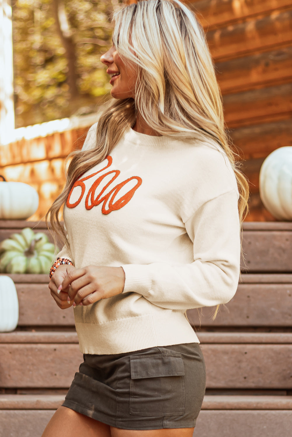 Boo Knitted Pattern Ribbed Edge Sweater-2