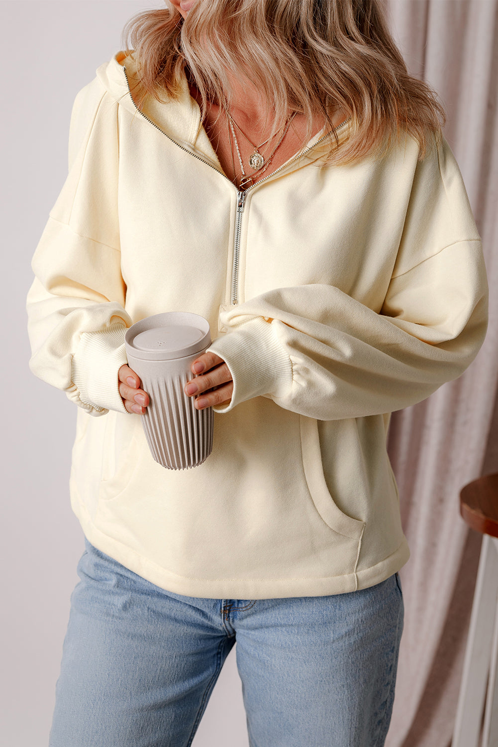 Kate Fleece Lined Half Zipper Kangaroo Pockets Loose Hoodie-5
