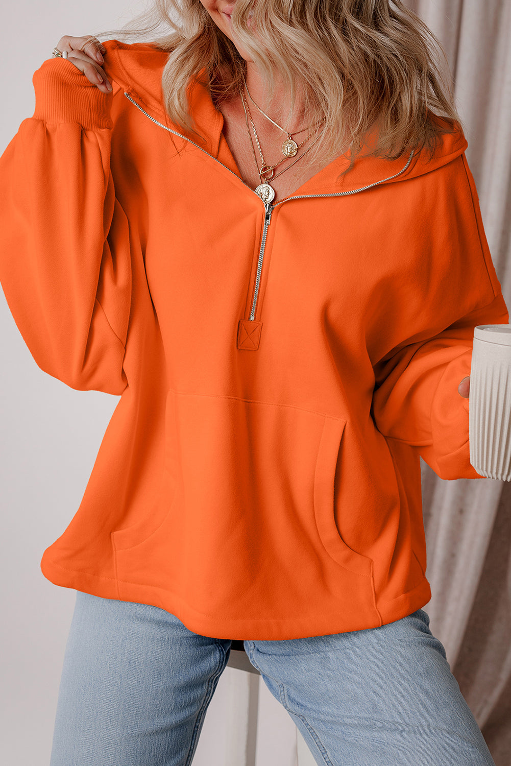 Kate Fleece Lined Half Zipper Kangaroo Pockets Loose Hoodie-6