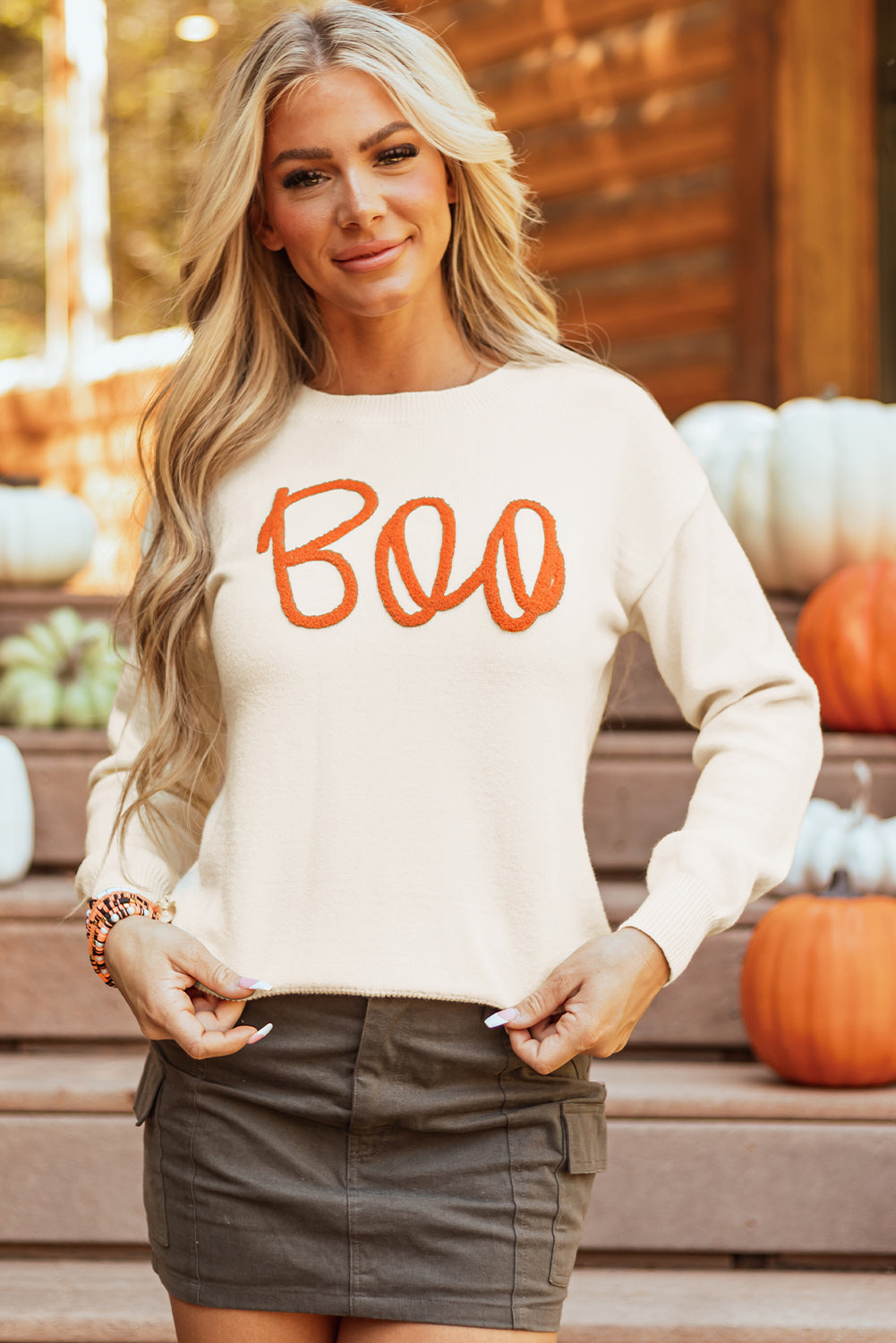Boo Knitted Pattern Ribbed Edge Sweater-3