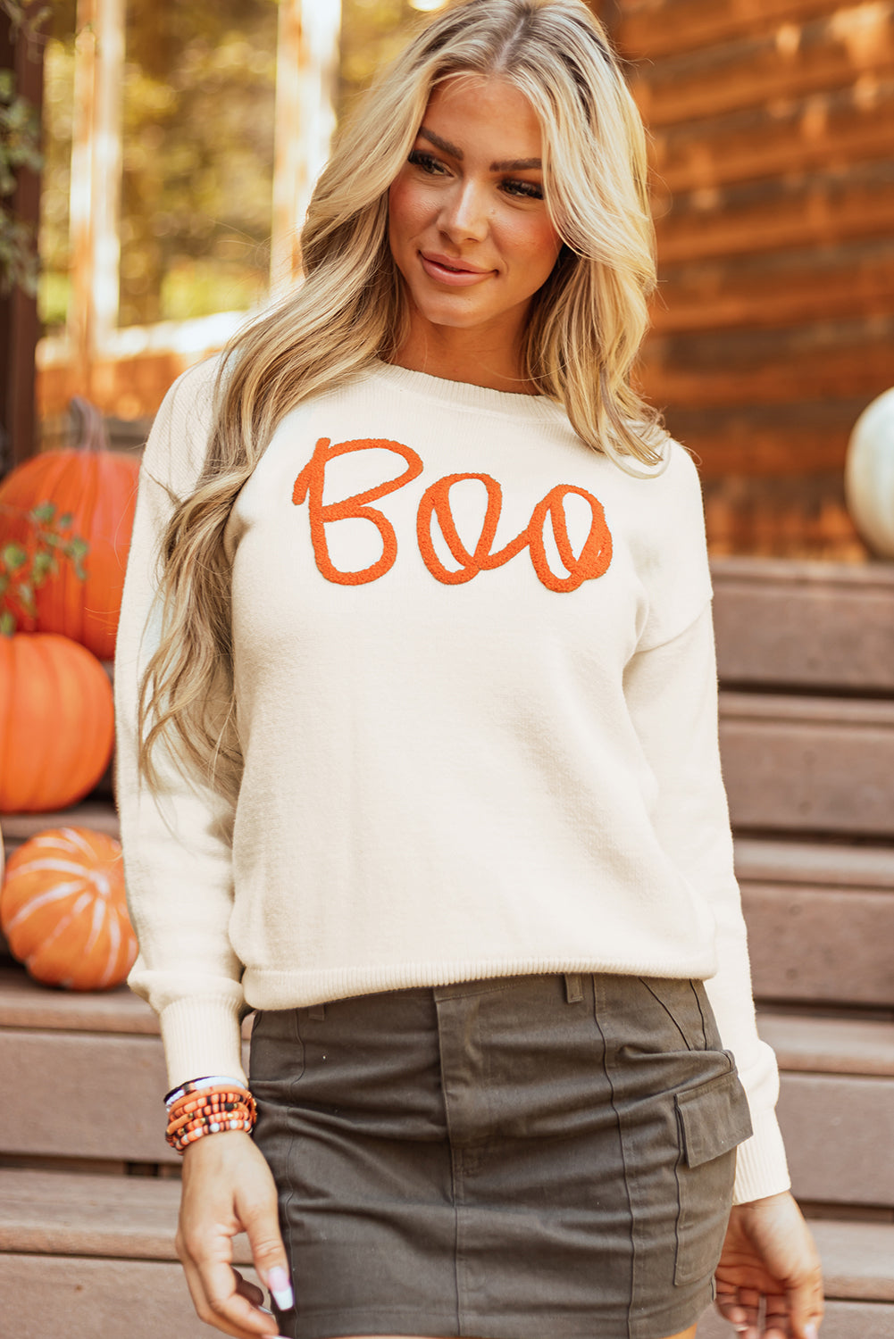 Boo Knitted Pattern Ribbed Edge Sweater-0