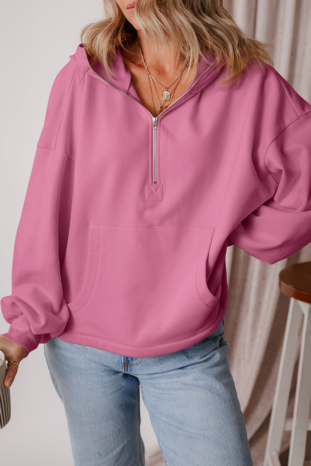 Kate Fleece Lined Half Zipper Kangaroo Pockets Loose Hoodie-11