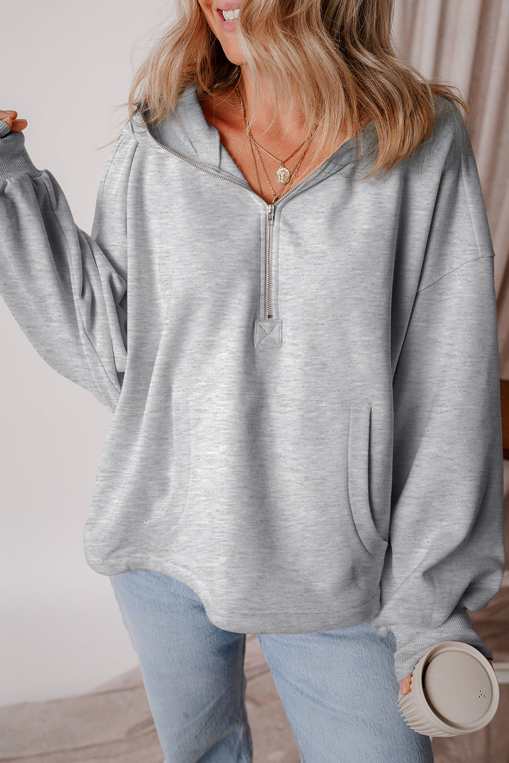 Kate Fleece Lined Half Zipper Kangaroo Pockets Loose Hoodie-9