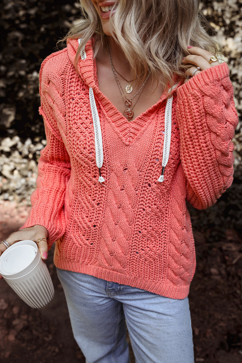 Sariah Cable Knit Drawstring Hooded Sweater-2
