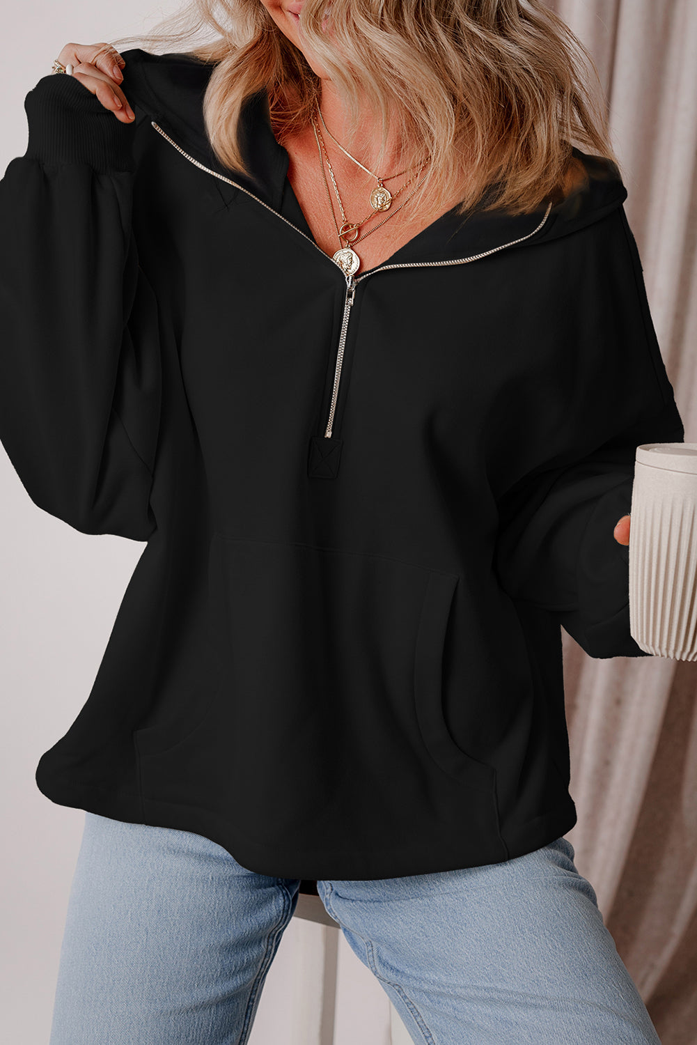 Kate Fleece Lined Half Zipper Kangaroo Pockets Loose Hoodie-2