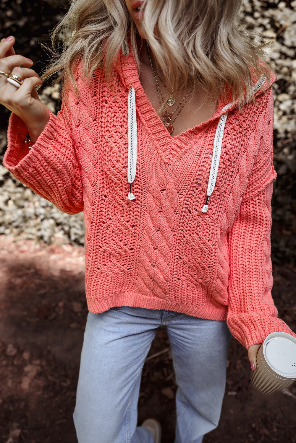 Sariah Cable Knit Drawstring Hooded Sweater-3