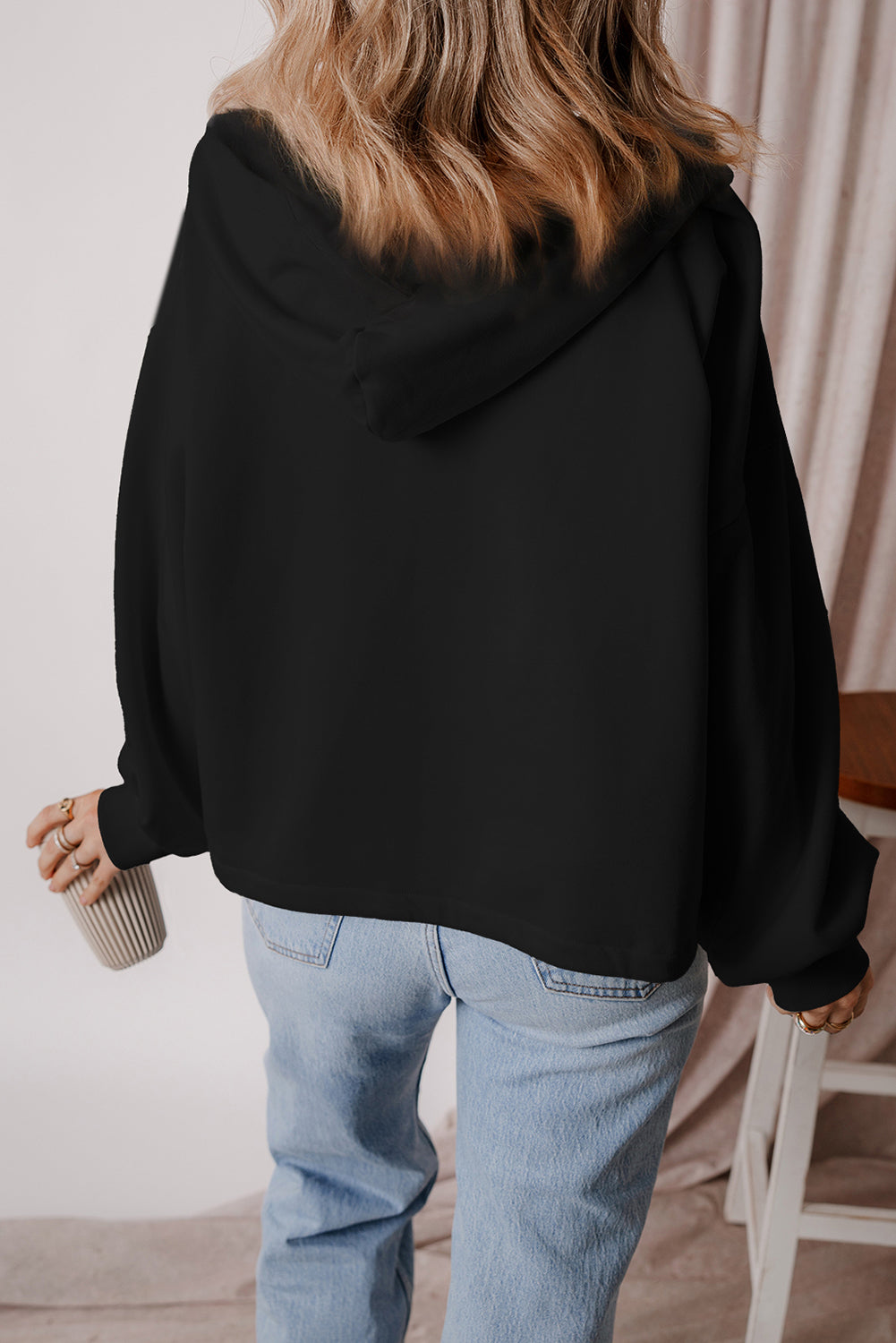 Kate Fleece Lined Half Zipper Kangaroo Pockets Loose Hoodie-1