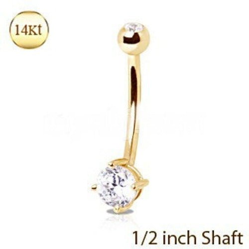 14Kt Yellow Gold 1/2" Navel Ring with Clear Round Prong Set CZ-2