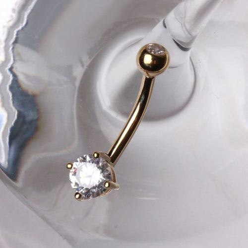 14Kt Yellow Gold 1/2" Navel Ring with Clear Round Prong Set CZ-0