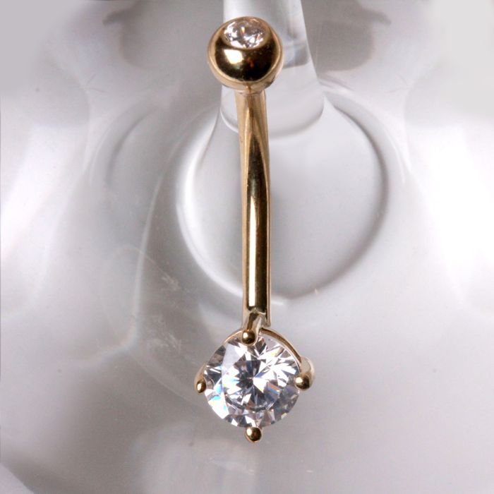 14Kt Yellow Gold 1/2" Navel Ring with Clear Round Prong Set CZ-1