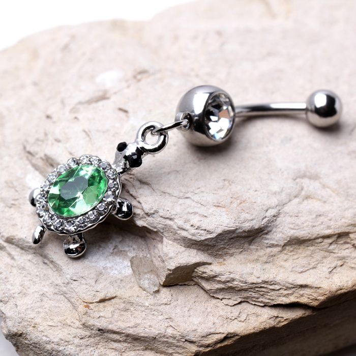 316L Stainless Steel Dazzling Green Turtle Dangle Navel Ring-0